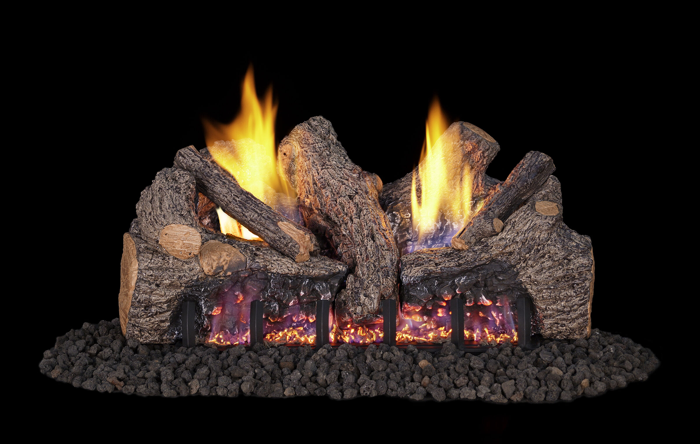 A Ventless gas log set with rugged, brown-gray bark, a black fireplace grate, black lava rock, and yellow flames.
